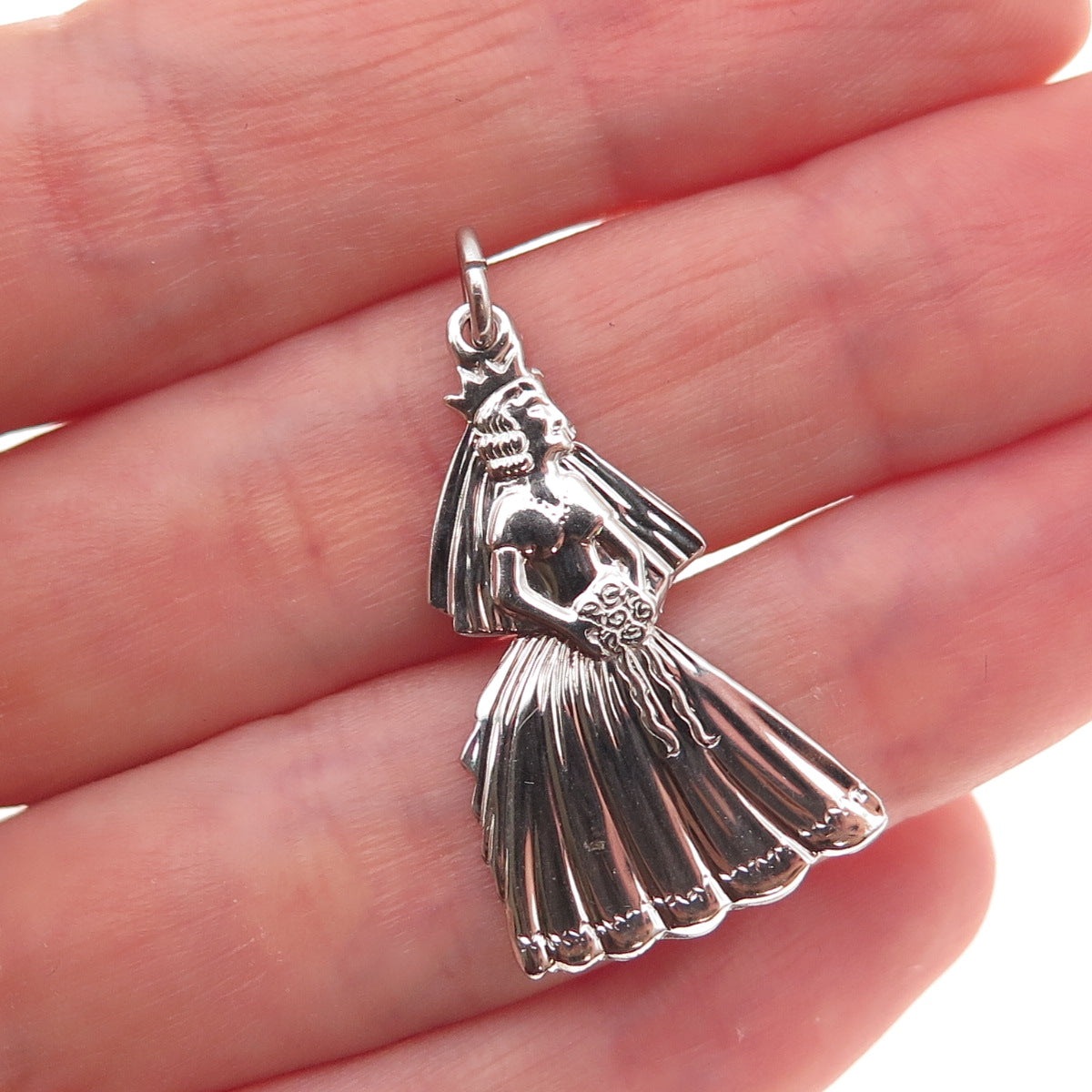 925 Sterling Silver Vintage Bride Oxidized Charm Pendant
