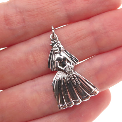925 Sterling Silver Vintage Bride Oxidized Charm Pendant