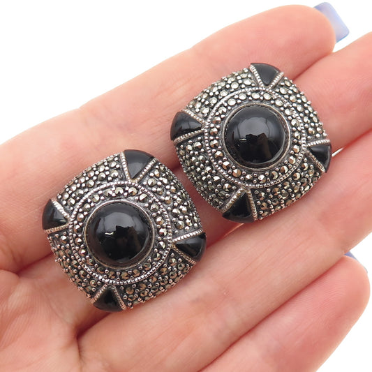 925 Sterling Silver Vintage Real Black Onyx Marcasite Oxidized Clip On Earrings