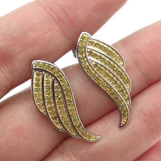 925 Sterling Silver 2-Tone Real Round-Cut Canary Diamond Angel Wing Earrings