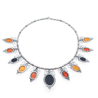 VALERIO V-8 Sterling Silver Vintage Poland Amber Modernist Chain Necklace 16"