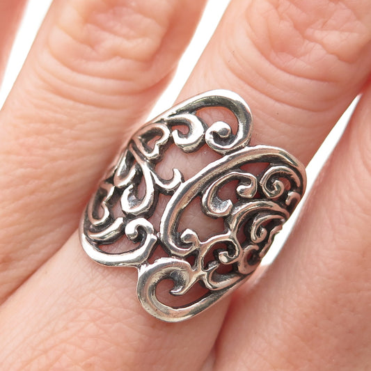 925 Sterling Silver Vintage Modernist Floral Oxidized Ring Size 6.5