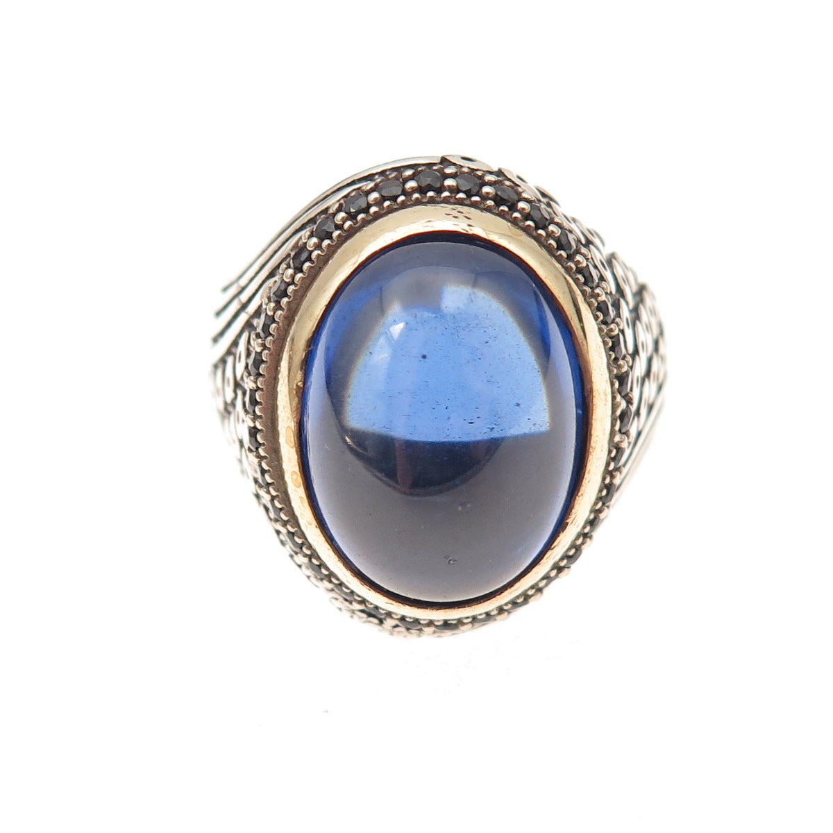 925 Sterling Silver 2-Tone Vintage Real Black Spinel & Blue Glass Ring Size 10.5