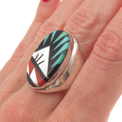 Lucy Gchachu Zuni Old Pawn 925 Sterling Turquoise Coral Onyx MOP Ring Size 11.5