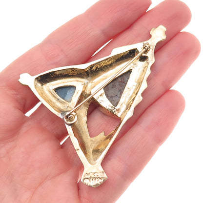 925 Sterling Silver Gold Plated Vintage Real Agate & Onyx Modernist Pin Brooch