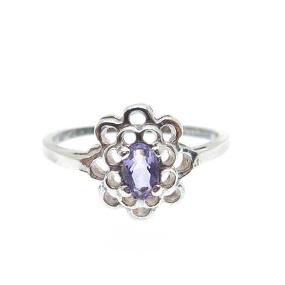 925 Sterling Silver Vintage Real Oval-Cut Amethyst Flower Ring Size 7.25