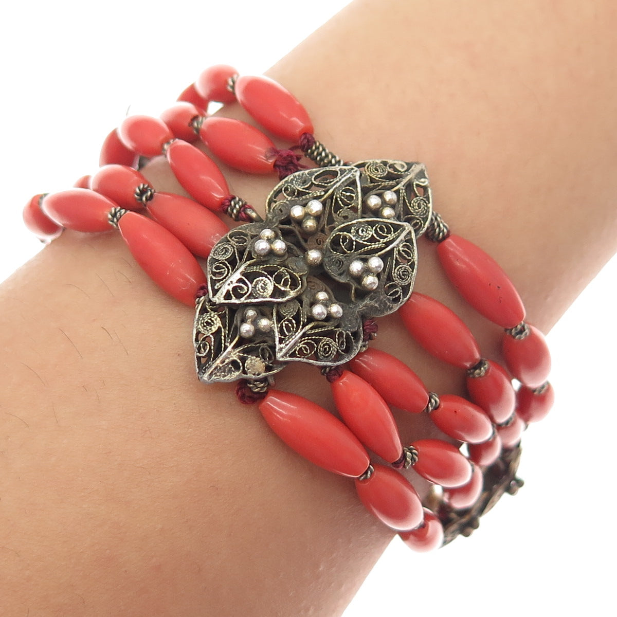 800 Silver Gold Plated Antique Victorian Real Coral Filigree Bracelet 7.25"