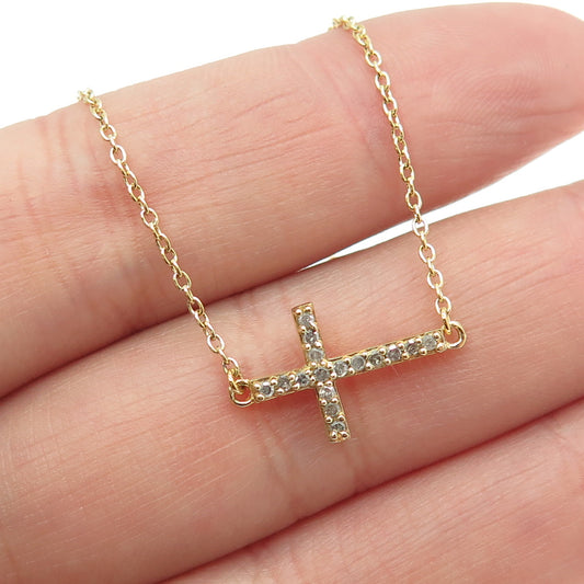 SUN Sterling Silver Gold Plated Italy Real Round-Cut Diamond Cross Necklace 18"