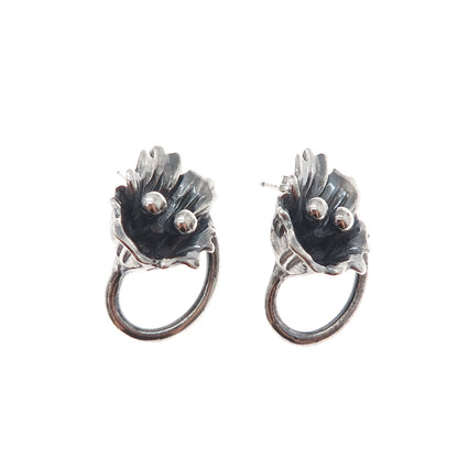 925 Sterling Silver Vintage Modernist Flower Oxidized Earrings