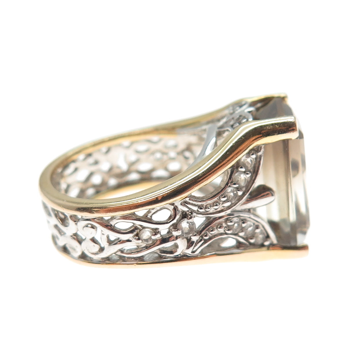 925 Sterling Silver 2-Tone Real Emerald-Cut Smoky Quartz White Topaz Ring Size 5