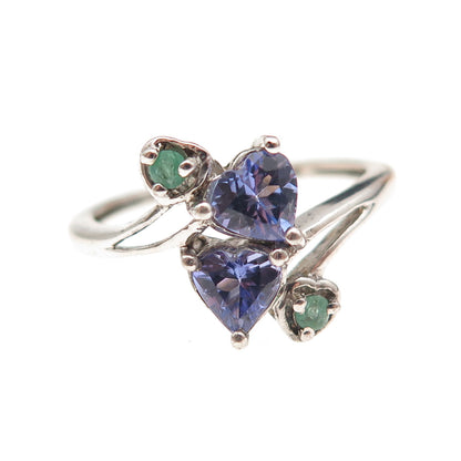 Chuck Clemency 925 Sterling Silver Real Tanzanite & Emerald Heart Ring Size 8.25