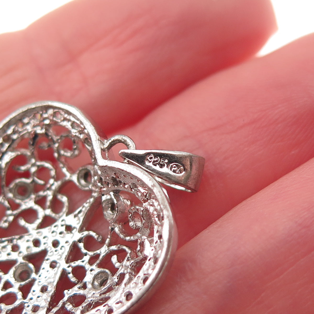 925 Sterling Silver Round-Cut C Z Floral Heart Charm Pendant