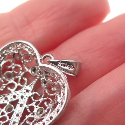 925 Sterling Silver Round-Cut C Z Floral Heart Charm Pendant