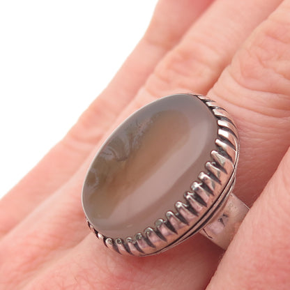 925 Sterling Silver Antique Art Deco Real Agate Oxidized Ring Size 8.75