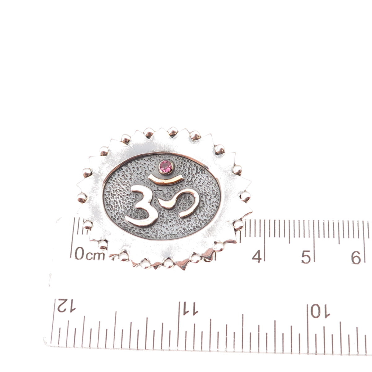 925 Sterling Silver Vintage Real Pink Tourmaline Om Mantra Slide Pendant