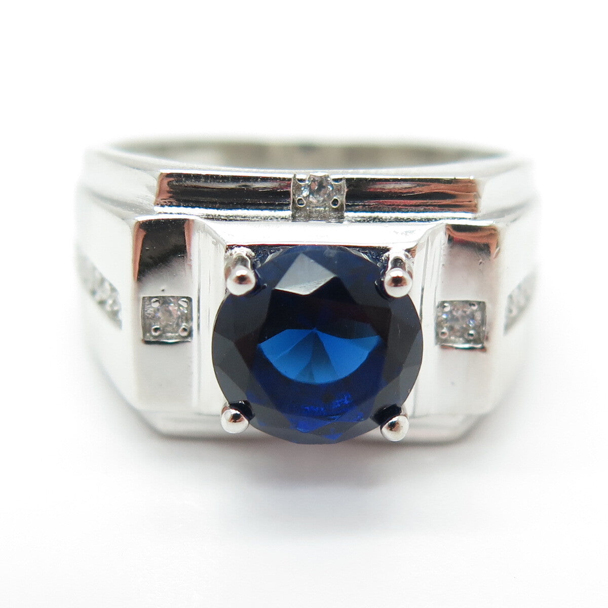 925 Sterling Silver Round-Cut Blue & White C Z Ring Size 8.25