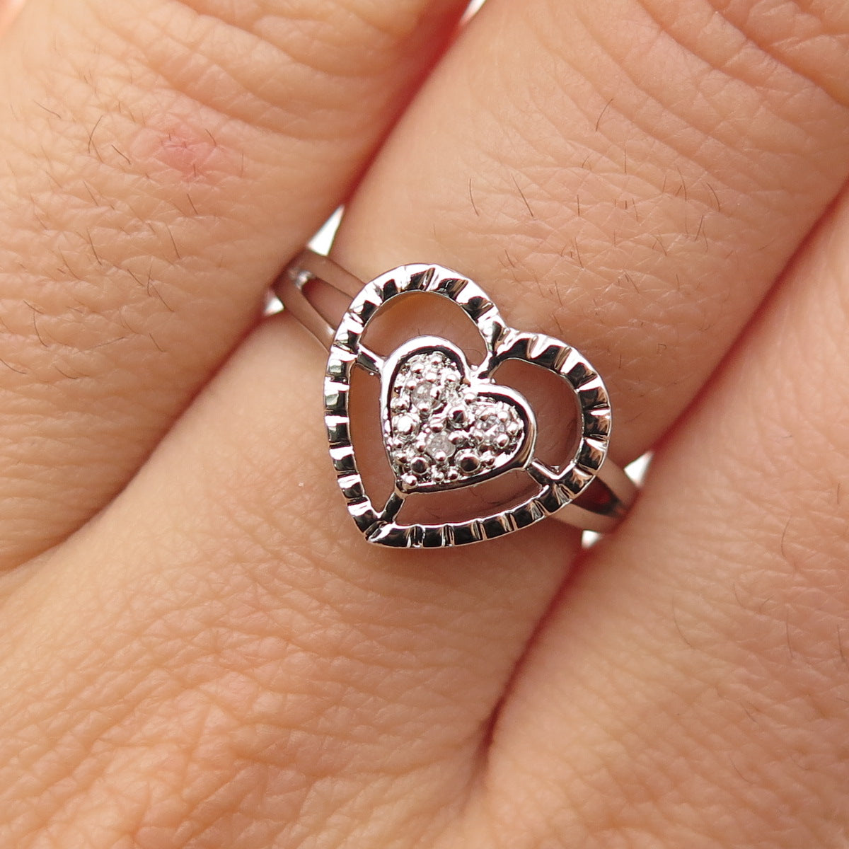 925 Sterling Silver Real Round-Cut Diamond Heart Ring Size 6