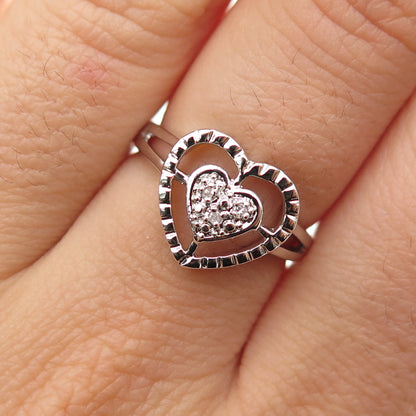 925 Sterling Silver Real Round-Cut Diamond Heart Ring Size 6