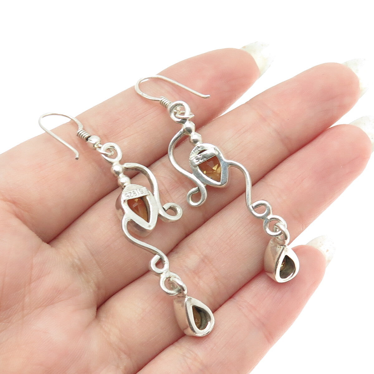 SAJEN 925 Sterling Silver Vintage Citrine & Peridot Gem Ornate Dangle Earrings