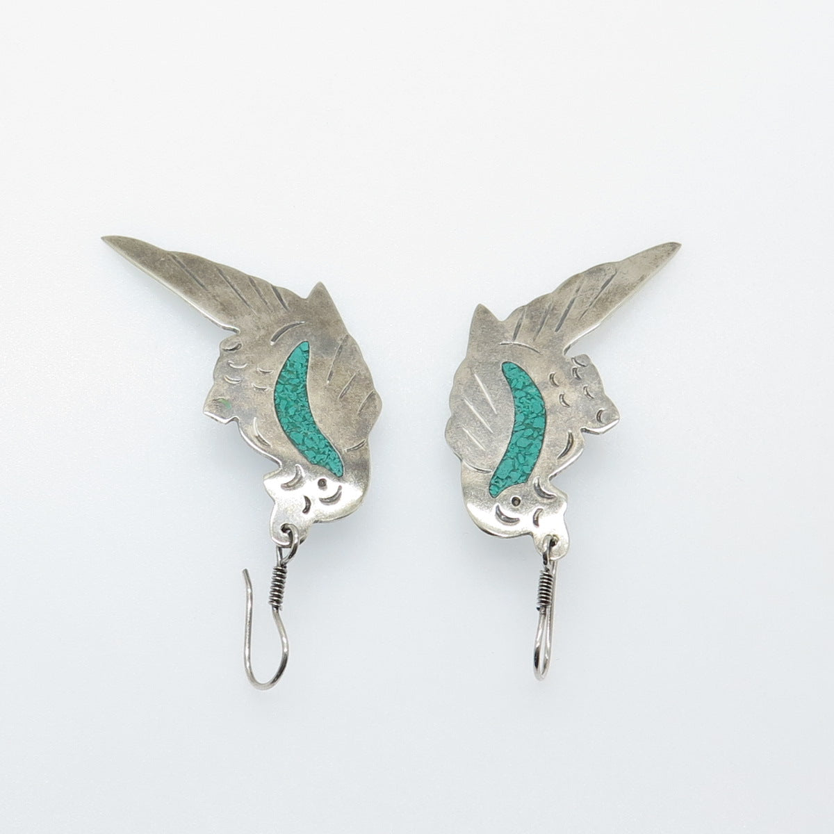 925 Sterling Silver Vintage Mexico Real Turquoise Inlay Parrot Dangle Earrings
