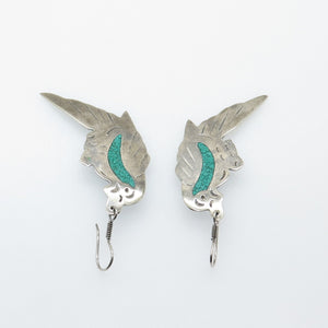 925 Sterling Silver Vintage Mexico Real Turquoise Inlay Parrot Dangle Earrings
