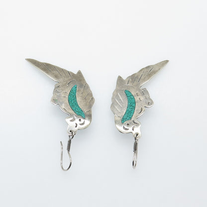 925 Sterling Silver Vintage Mexico Real Turquoise Inlay Parrot Dangle Earrings