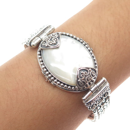 SUARTI BALI 925 Sterling Vintage Real MOP Ornate Heart Woven Link Bracelet 7.25"