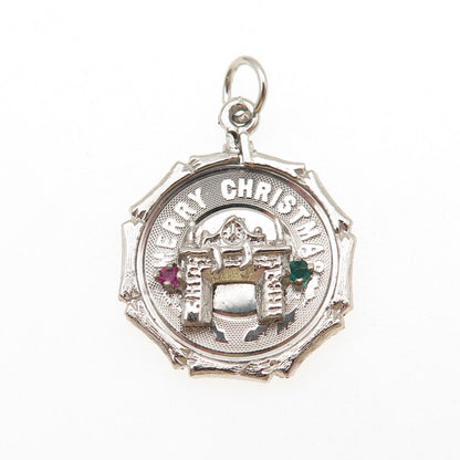 925 Sterling Silver Vintage Rhinestone Merry Christmas Fireplace Charm Pendant