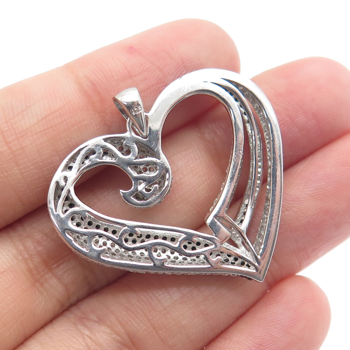 925 Sterling Silver Real Round-Cut Black Spinel & C Z Heart Pendant