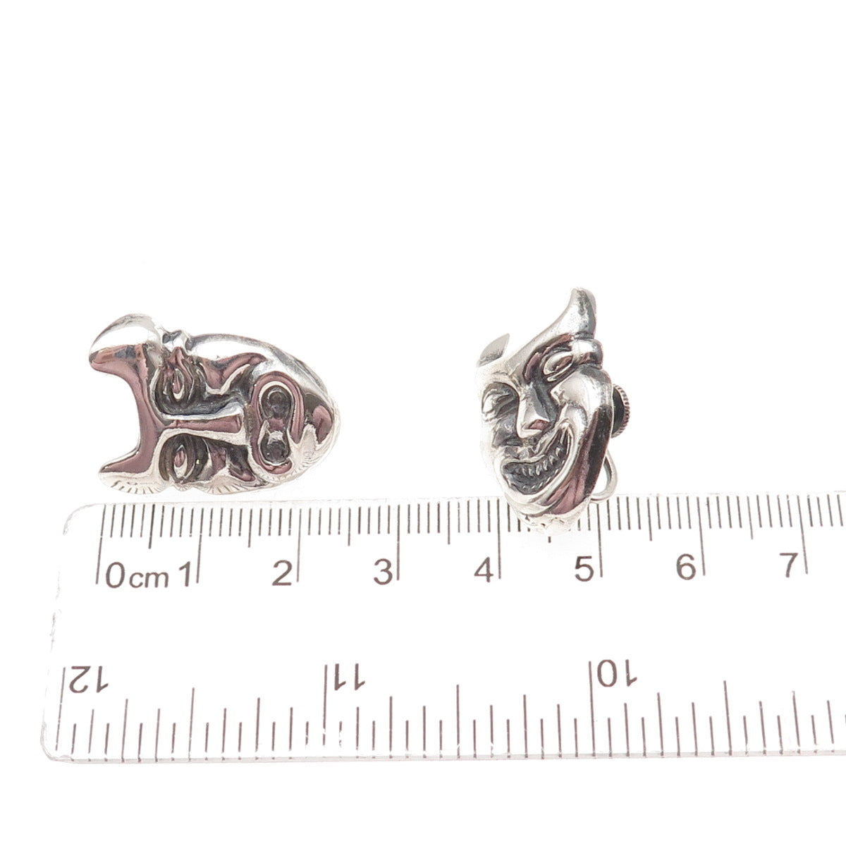 925 Sterling Silver Vintage Comedy & Tragedy Devil Masks Screw Back Earrings