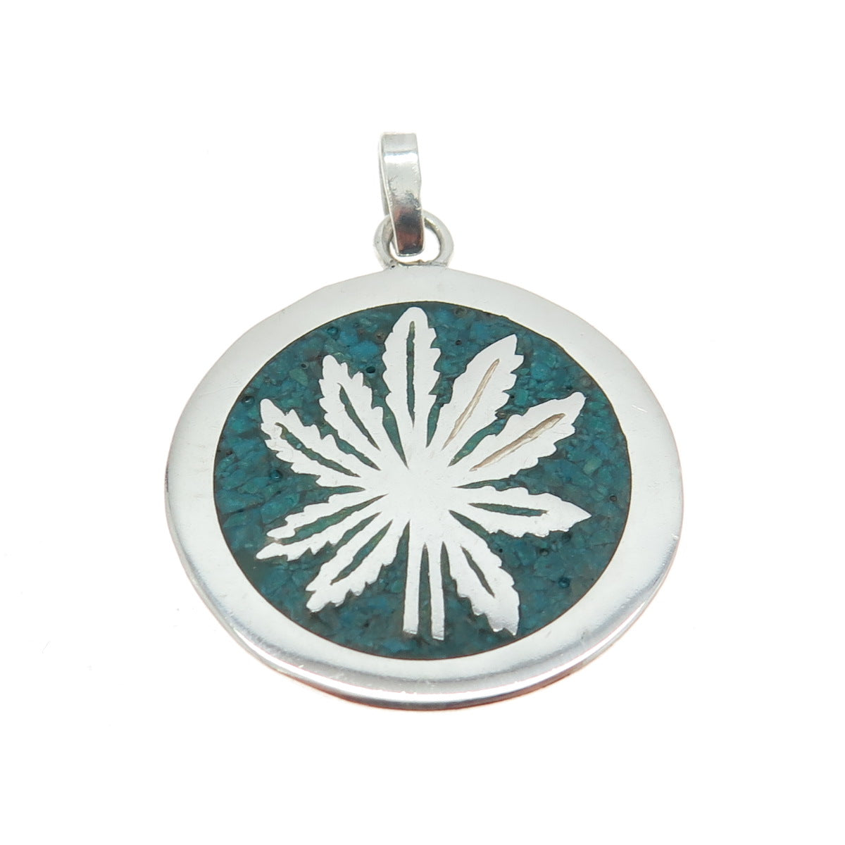 925 Sterling Silver Vintage Mexico Real Turquoise Inlay Cannabis Round Pendant