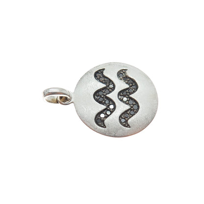 925 Sterling Silver Real Black Diamond Aquarius Zodiac Sign Tag Charm Pendant