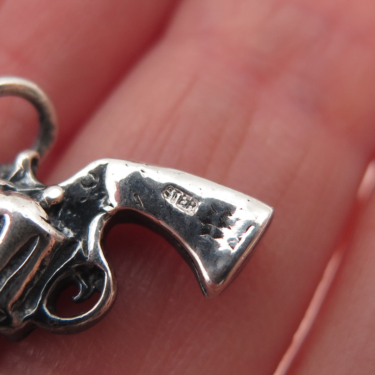 925 Sterling Silver Vintage Revolver Oxidized Mini Charm Pendant