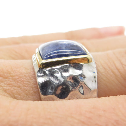 925 Sterling Silver 2-Tone Vintage Real Sodalite Hammered Ring Size 7.5