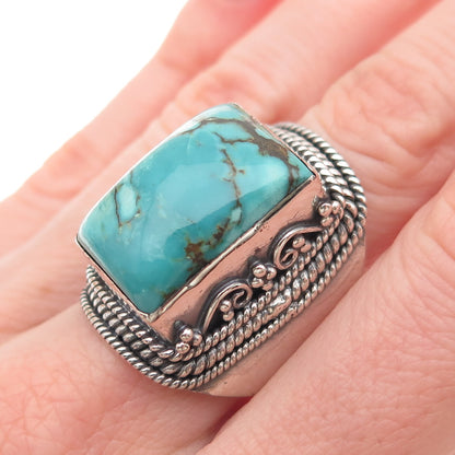 925 Sterling Silver Vintage Real Kingman Turquoise Oxidized Ring Size 10