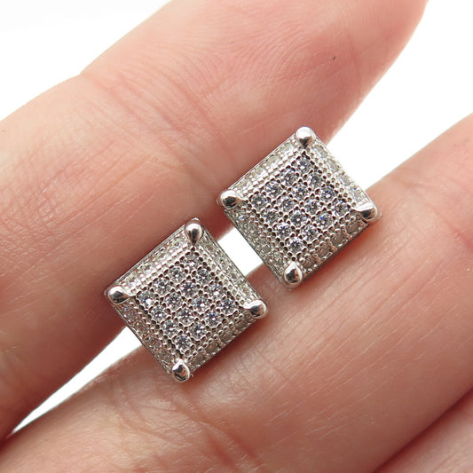 925 Sterling Silver Round-Cut C Z Sparkle Square Stud Earrings