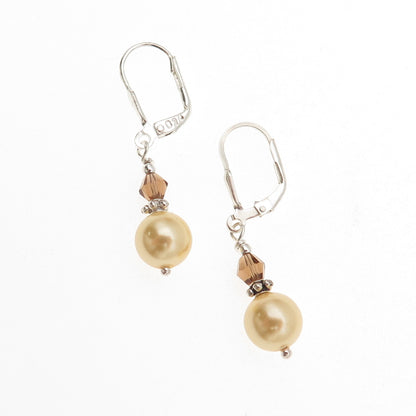 925 Sterling Silver Vintage Real Smoky Quartz & Faux Pearl Dangle Earrings