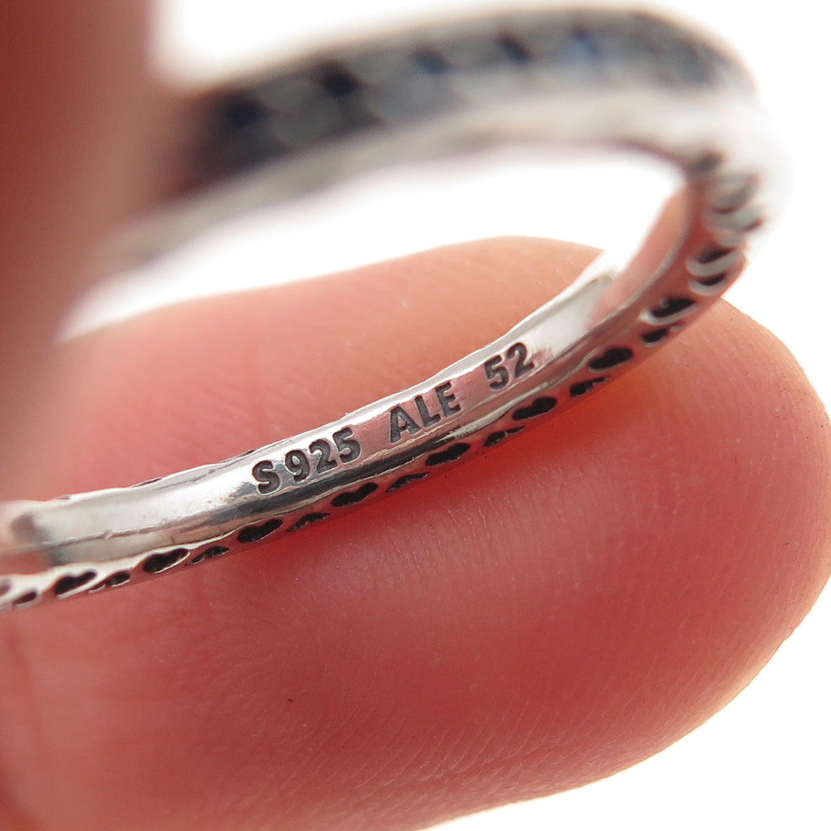 Pandora 925 Sterling Silver Enamel & Blue C Z Radiant Hearts Band Ring Size 6