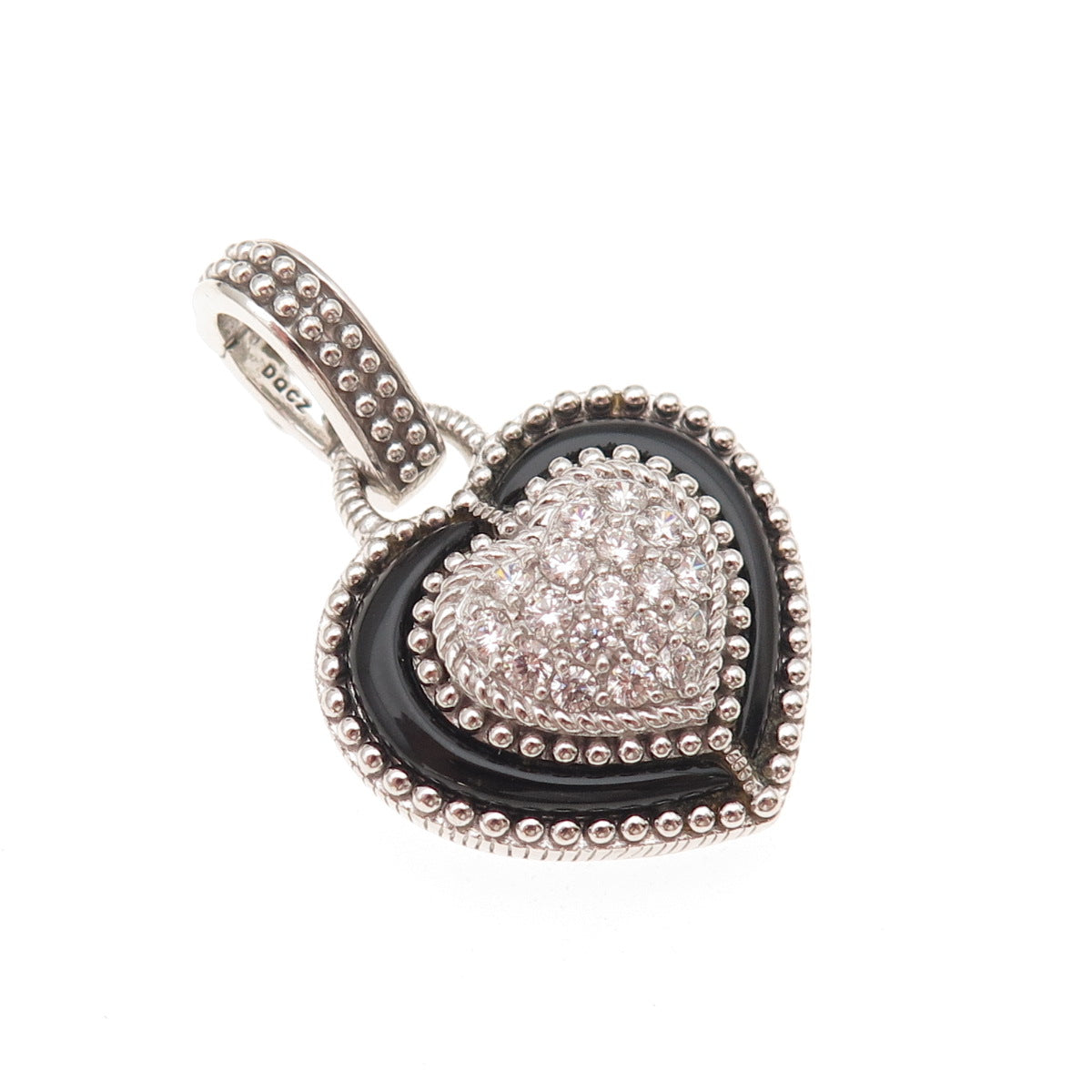 Judith Ripka 925 Sterling Silver Real Black Onyx & C Z Heart Charm Pendant
