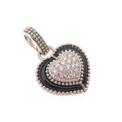 Judith Ripka 925 Sterling Silver Real Black Onyx & C Z Heart Charm Pendant