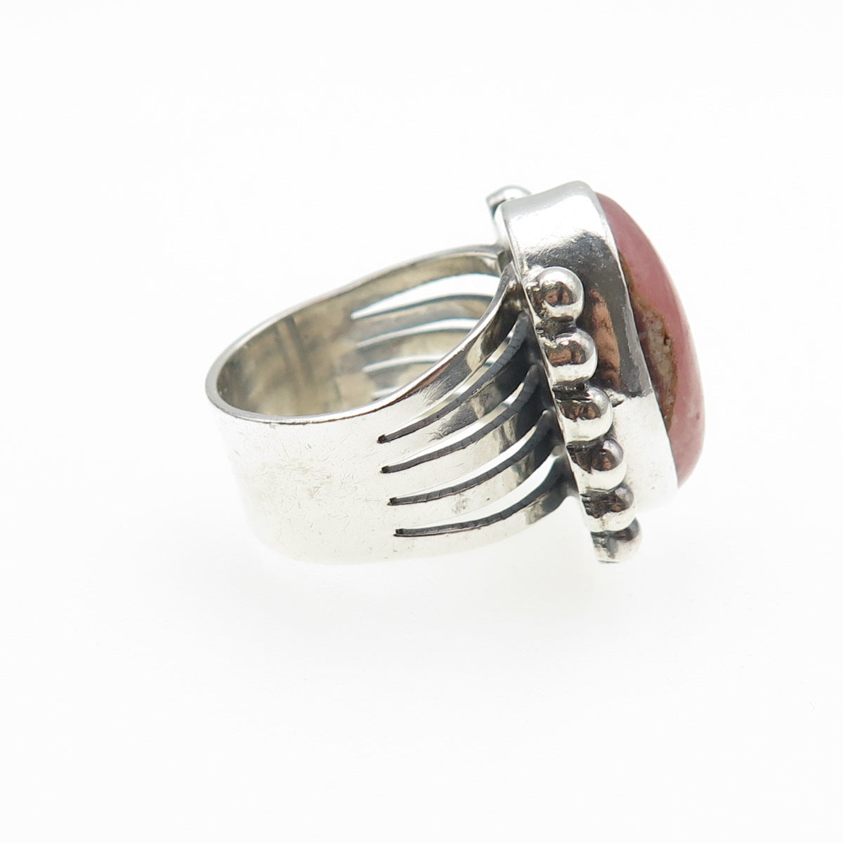 Old Pawn 925 Sterling Silver Vintage Rhodochrosite Beaded Oxidized Ring Size 5.5