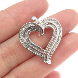 925 Sterling Silver Real Round & Baguette-Cut Diamond Heart Pendant