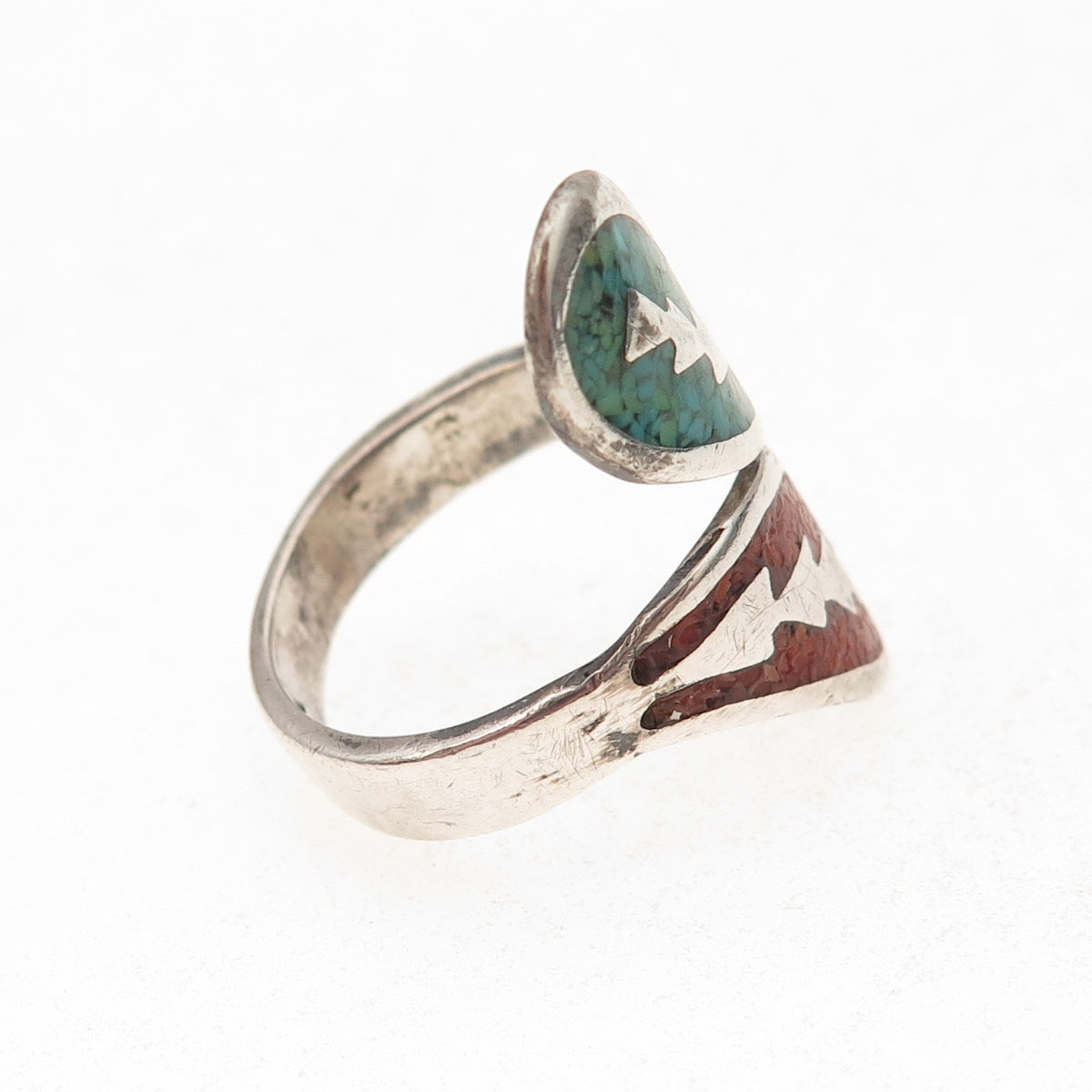 Joe Tom Navajo Old Pawn Sterling Turquoise & Coral Inlay Adjustable Ring Size 10