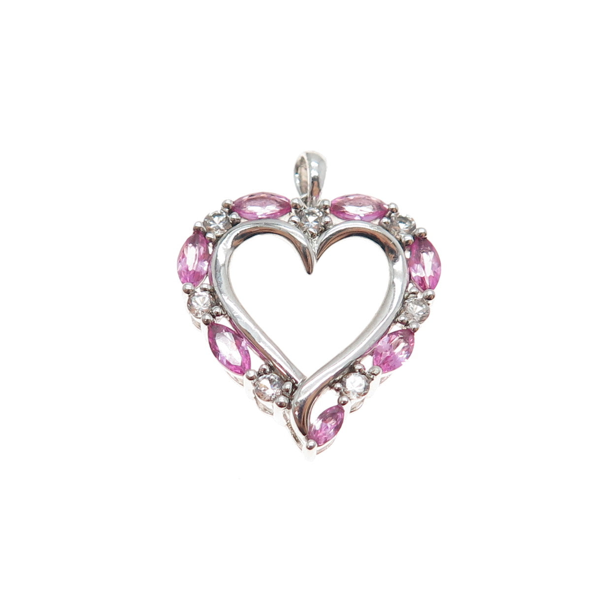 SAI 925 Sterling Silver Real Pink Sapphire & White Topaz Heart Charm Pendant