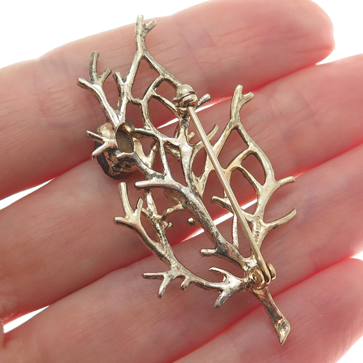 WELLS 925 Sterling Silver Gold Plated Vintage Real Tiger Eye Tree of Life Brooch