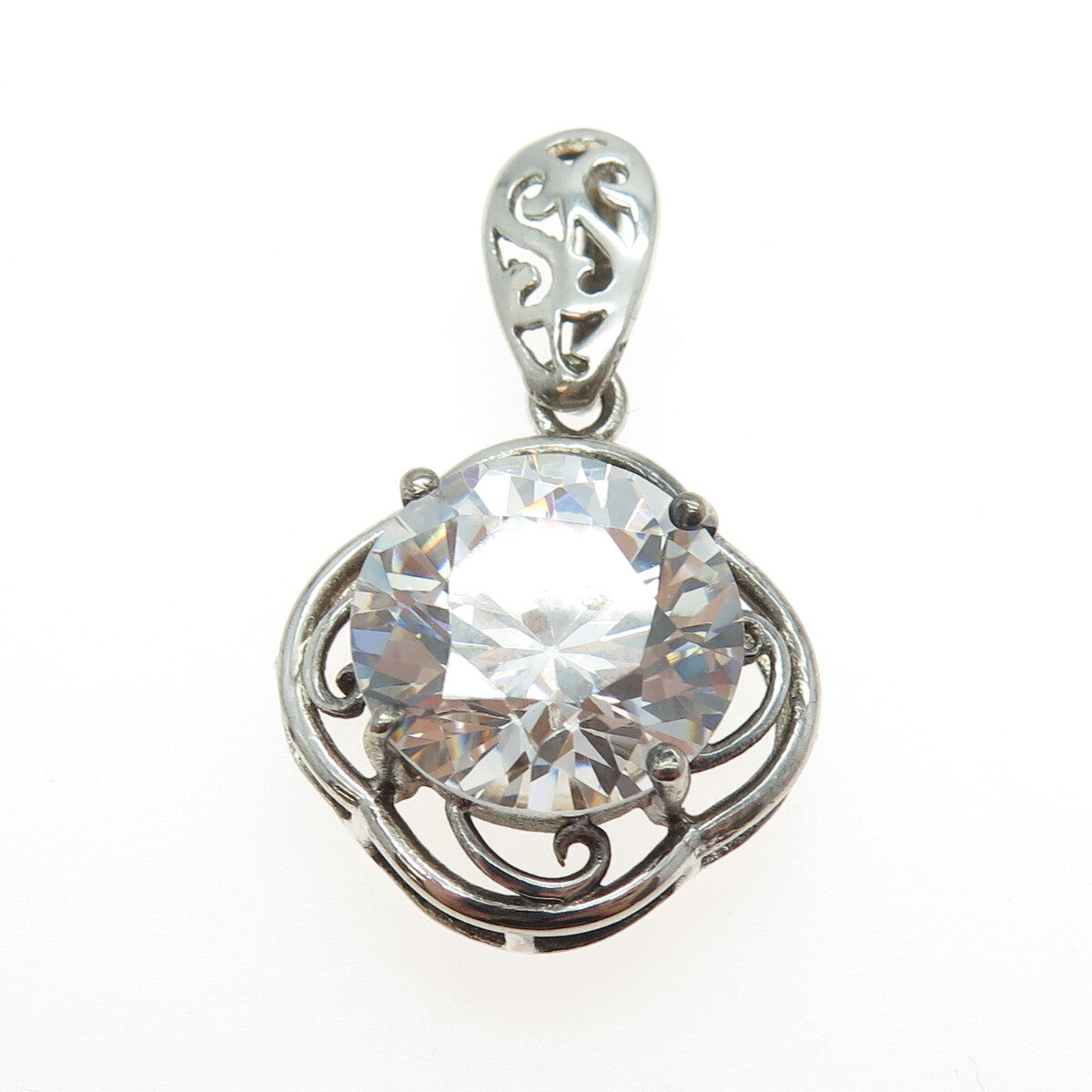 925 Sterling Silver Vintage Round-Cut White C Z Floral Pendant