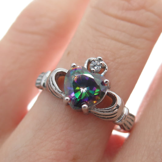 925 Sterling Silver Heart-Cut Mystic Quartz & C Z Irish Claddagh Ring Size 6
