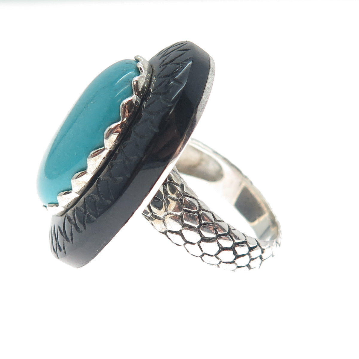 925 Sterling Silver Real Tyrone Turquoise & Black Onyx Snake Skin Ring Size 6.25