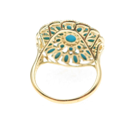 925 Sterling Silver Gold Plated Real Turquoise Floral Cluster Ring Size 9.25