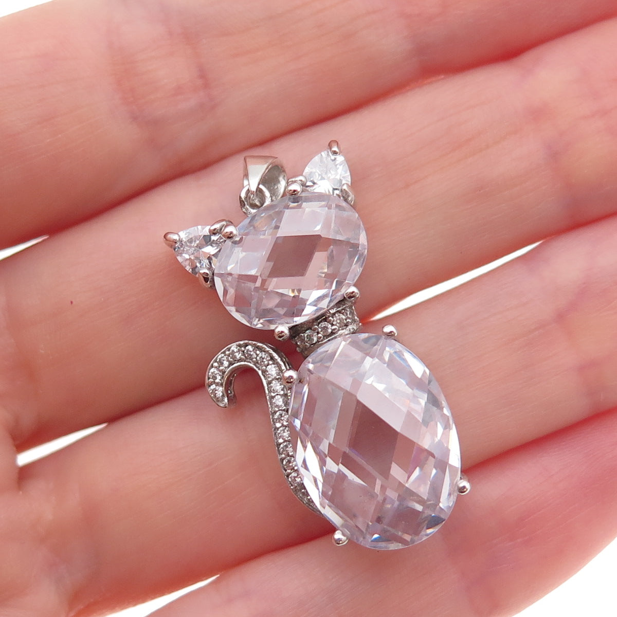 925 Sterling Silver Lavender & White C Z Cat Charm Pendant